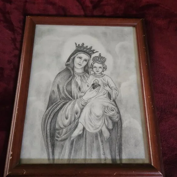 beautiful, blessed mother and child picture in wooden frame approx 16x12